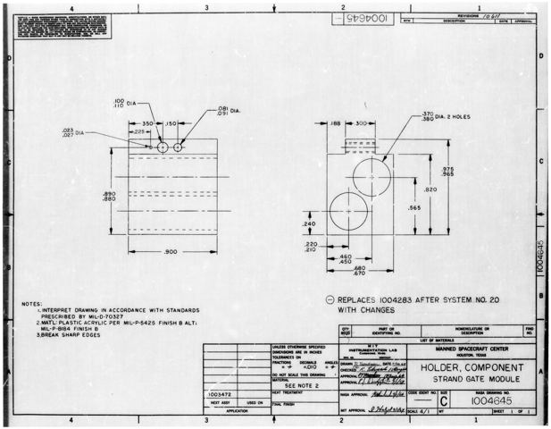 Drawing: Component holder, strand gate module, NASA 1004645