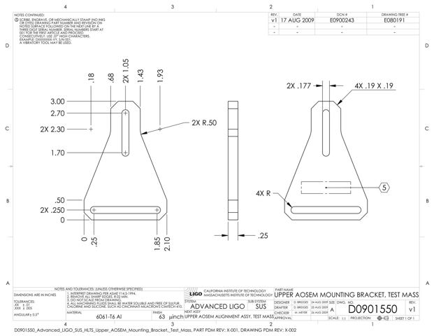 Drawing: Bracket D0901550 v1 (upper AOSEM mounting bracket, test mass), 6061-T6